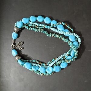 Antique Silver Tone Faux Turquoise Colored Multi Strand Statement Necklace